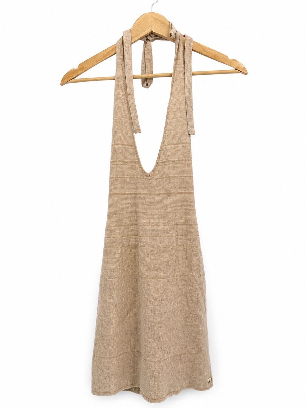 Salty Beige Knit Plunge Halter Mini Dress Size Medium Beach Coastal Tie